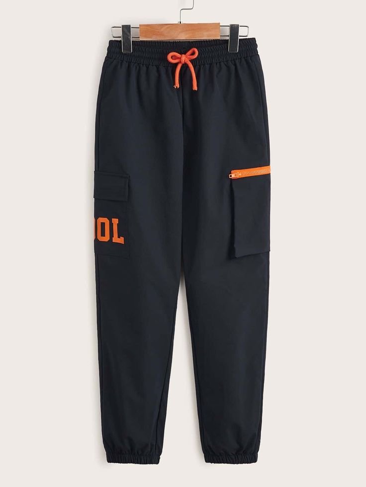 boys zip pocket patched letter graphic trousers